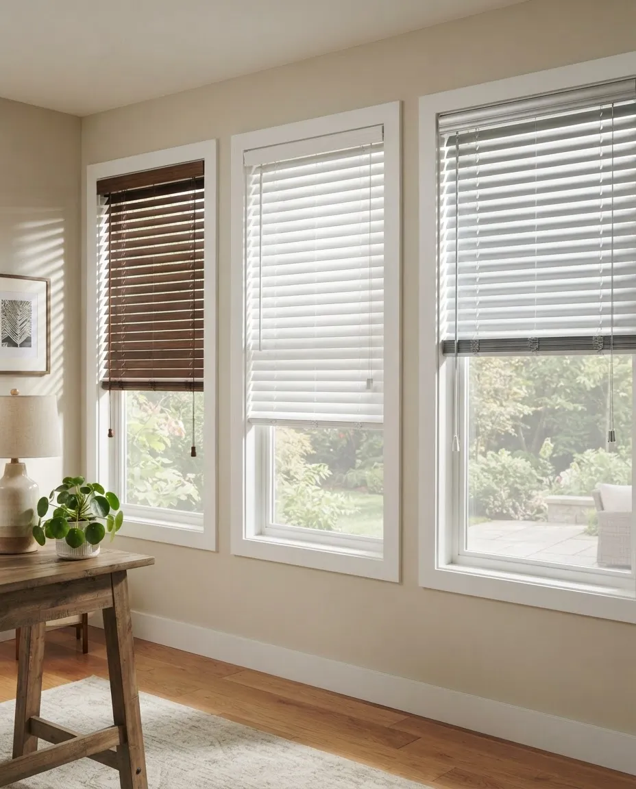 Modern window blinds in a bright living space