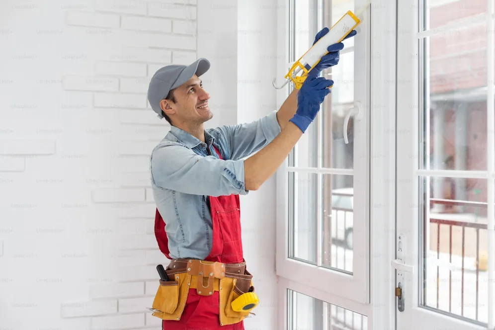 Technician installing window blinds