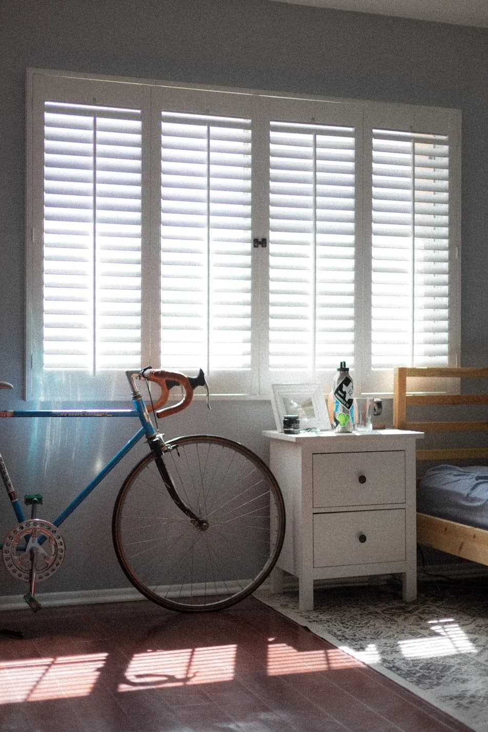 Interior shutters on a hallway window