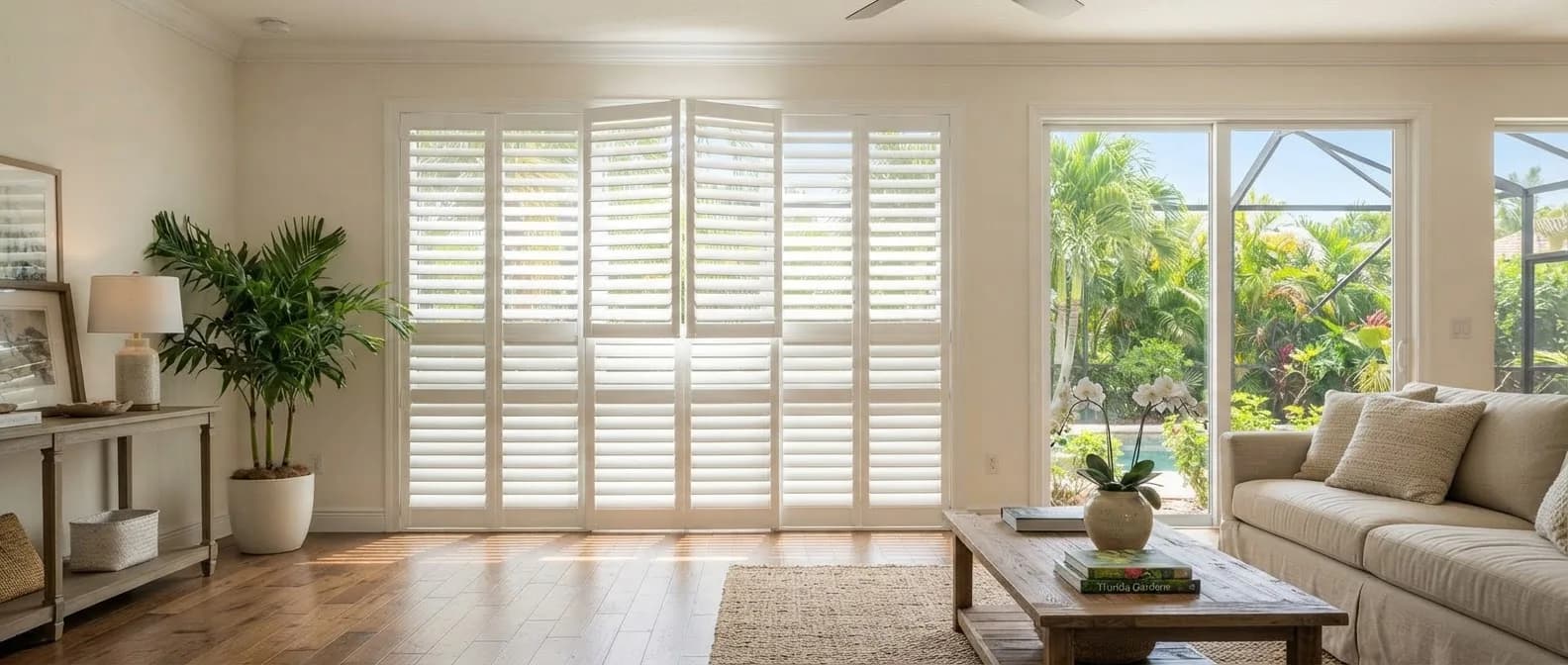 Bright coastal living room featuring custom white bifold plantation shutters installed over sliding glass patio doors overlooking a tropical garden.