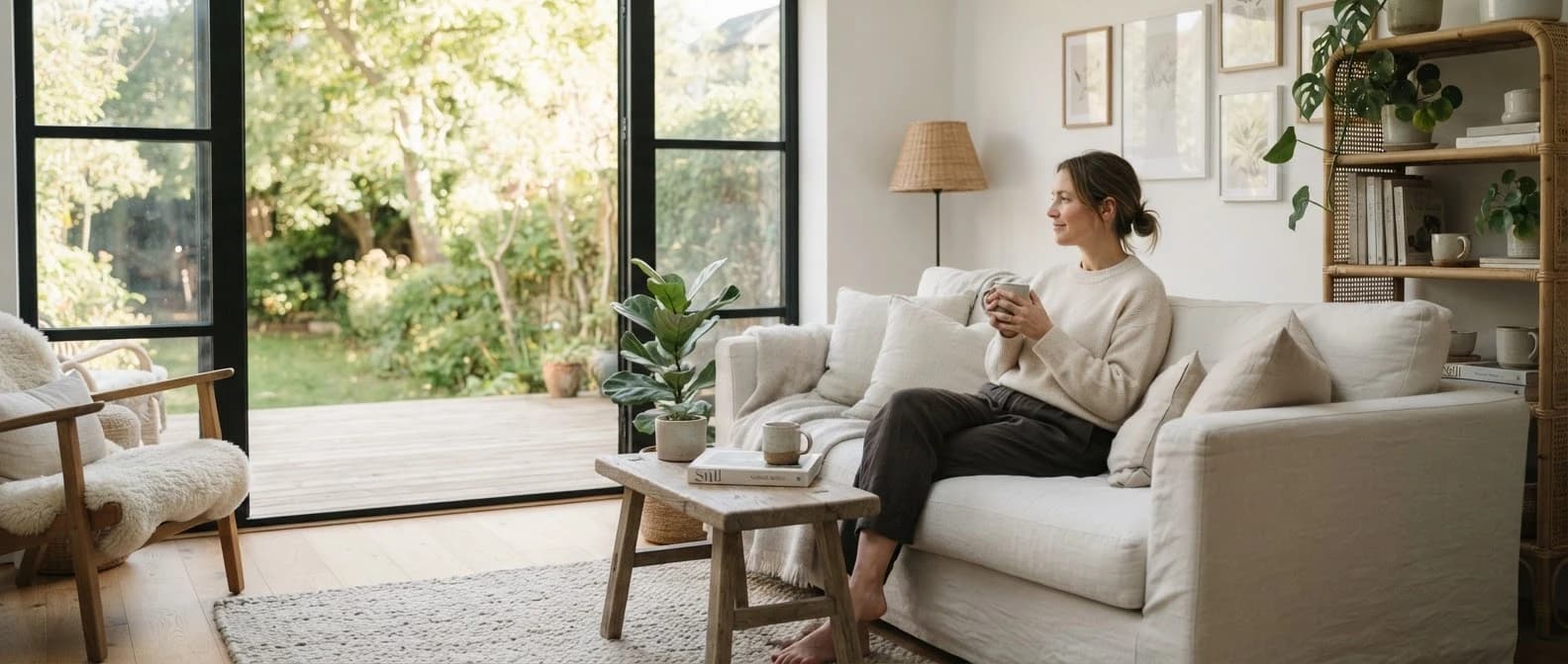 Woman sitting comfortably on a white couch holding a warm cup, looking out through large black-frame sliding glass doors toward a garden patio.