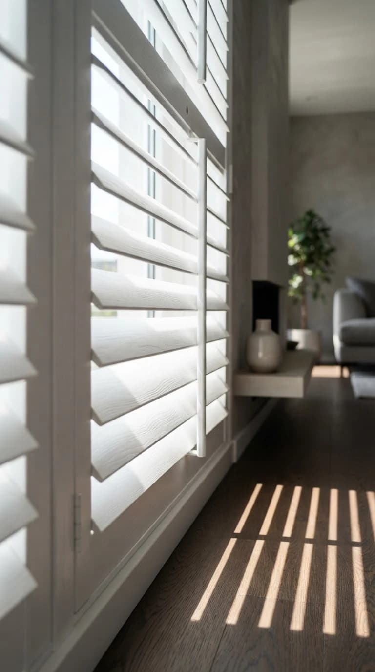 Side view close-up of white wood-grain plantation shutters casting linear shadows across dark hardwood floors in a modern living room.